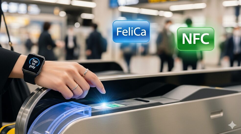 日本の駅の改札でスマートウォッチをかざして通過する日本人女性の手元をクローズアップ。背景にはNFCとFeliCaのロゴが光る。