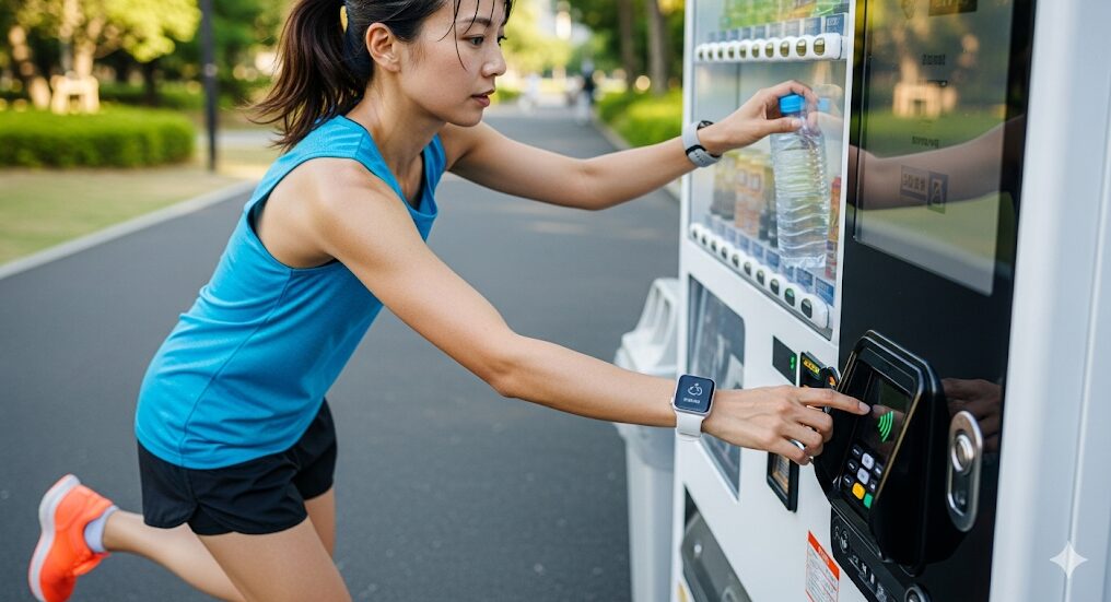  日本人女性ランナーがランニングの途中でスマートウォッチのSuica機能を使って自動販売機で飲み物を購入しているシーン。