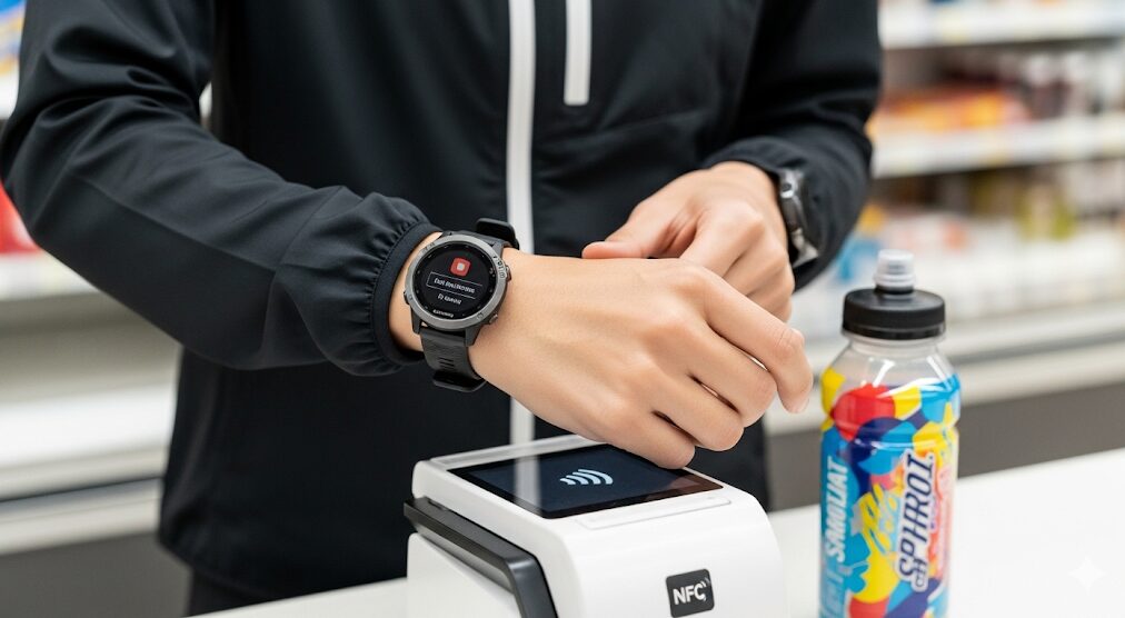 ランニングウェアを着た日本人がGarminスマートウォッチを腕に着け、コンビニエンスストアで飲み物をSuicaで決済している様子。手首にはGarminのウォッチが見える。
