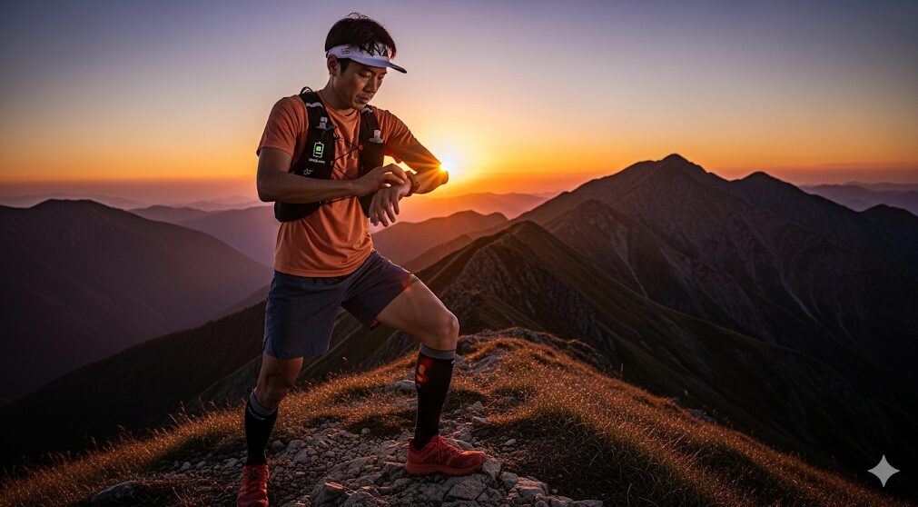 夕暮れの山頂でスマートウォッチを確認する日本人トレイルランナー。長距離ランにおけるバッテリーの重要性を示唆している。