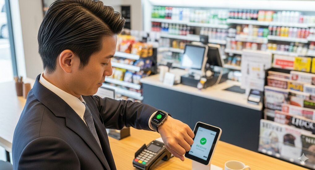 様々な種類のキャッシュレス決済に対応するスマートウォッチを腕に着けた日本人のビジネスマンが、カフェでコーヒーを購入している様子。背後にはコンビニエンスストアのレジが見える。