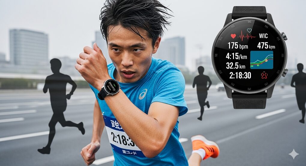 マラソン大会で自身のパフォーマンスデータを確認しながら力走する、決意に満ちた表情の日本人男性ランナー。