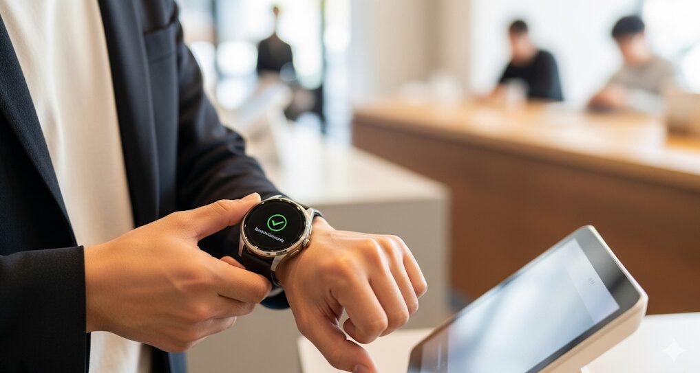 スマートウォッチ決済対応の選び方を解説する記事のアイキャッチ画像。スタイリッシュなカフェで、日本人の男性がスマートウォッチを使ってスマートにコーヒー代を支払っている様子。