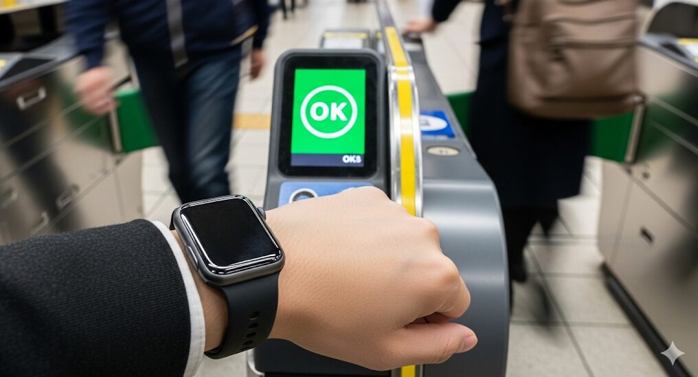 Apple Watchを着用した日本人が駅の自動改札をSuicaで通過している瞬間のクローズアップ。改札機のディスプレイには「OK」と表示されている。