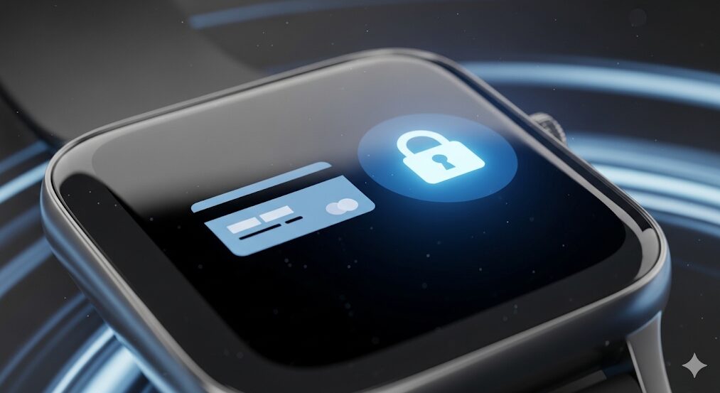 スマートウォッチの画面にクレジットカードとセキュリティを象徴するロックアイコンが表示されており、トークナイゼーションによる安全な決済の仕組みを視覚的に表現している。