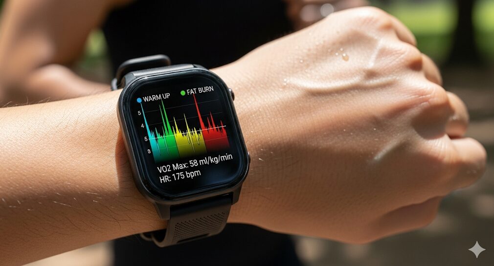 ワークアウト中に心拍数グラフとVO2maxデータを表示しているランニングスマートウォッチのクローズアップ画像。