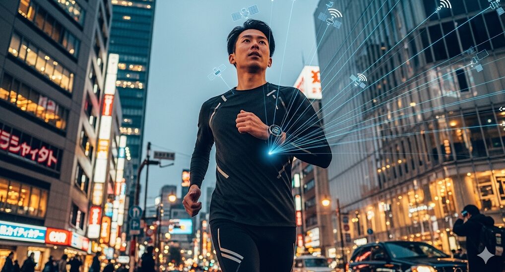  都市部を走る日本人ランナーと、スマートウォッチに接続されるGPS衛星の信号を表現した画像。