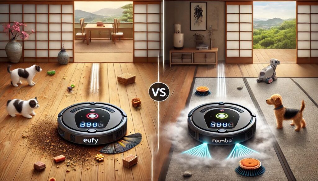 ペットの毛やフードくずを吸引するユーフィの強力な吸引と、カーペット上で逆回転ゴムブラシを使って毛を取り除くルンバの動作を比較した画像。清掃方式の違いを視覚的に表現。