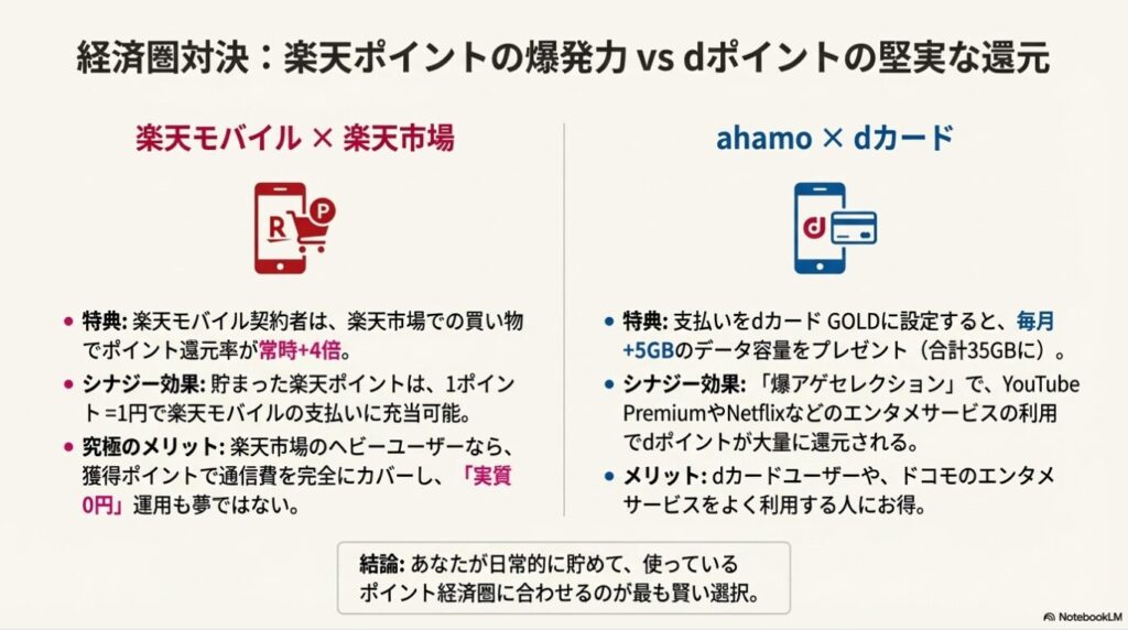 楽天モバイル契約者のポイント4倍特典と、ahamoのdカード連携によるデータ増量の比較。