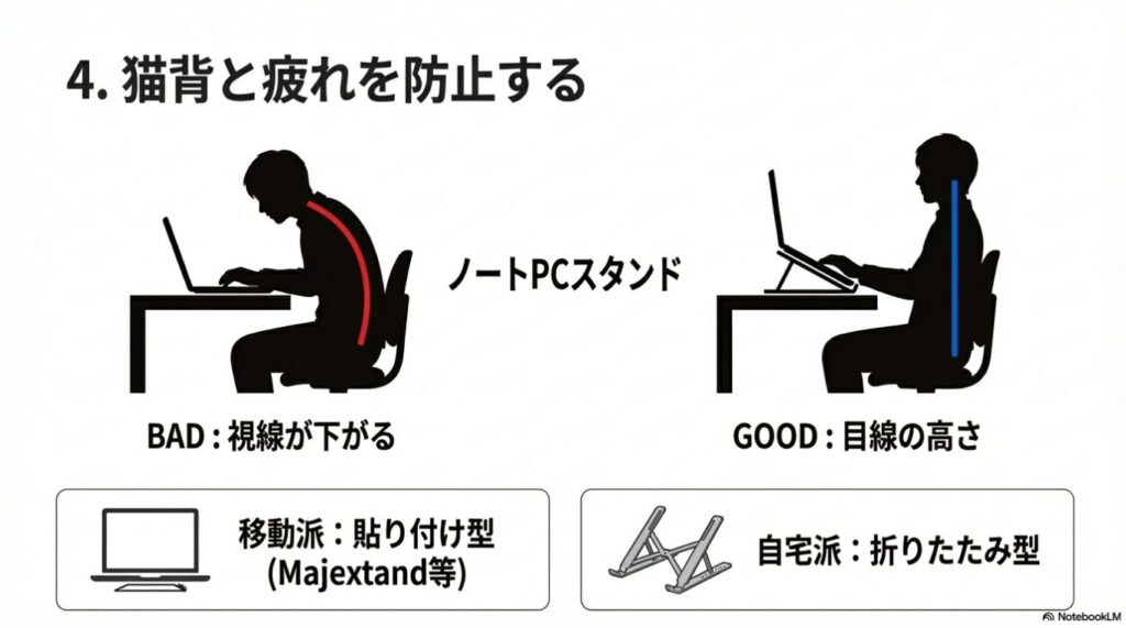 ノートPCスタンド未使用時の猫背の状態と、使用時の目線が上がり背筋が伸びた正しい姿勢の比較図。