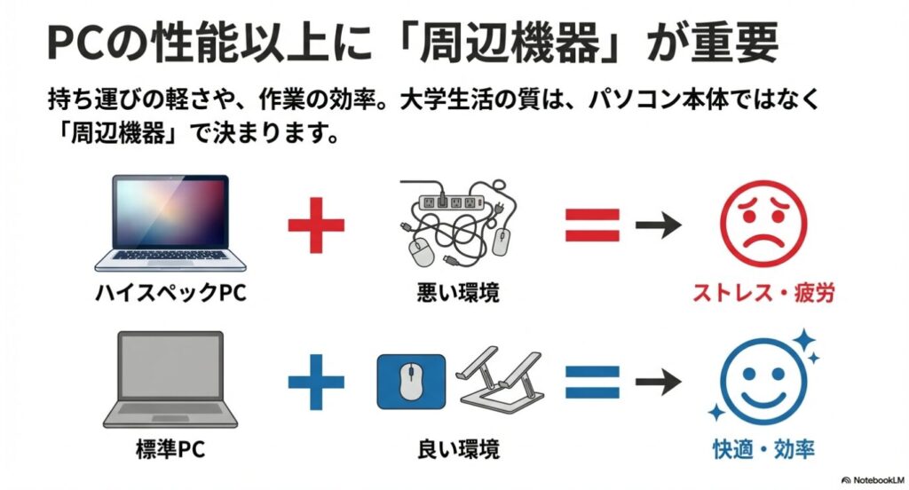 ハイスペックPCでも悪い環境ではストレス・疲労が溜まり、標準PCでも良い環境（周辺機器の充実）なら快適・効率的になることを示す比較図。