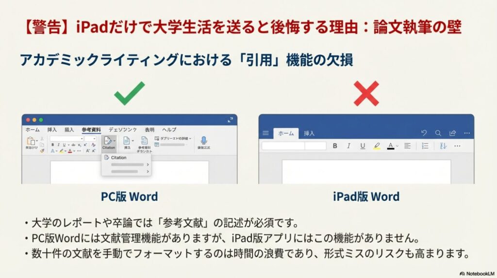 PC版Wordにはある「引用」機能がiPad版アプリには欠損している比較画像