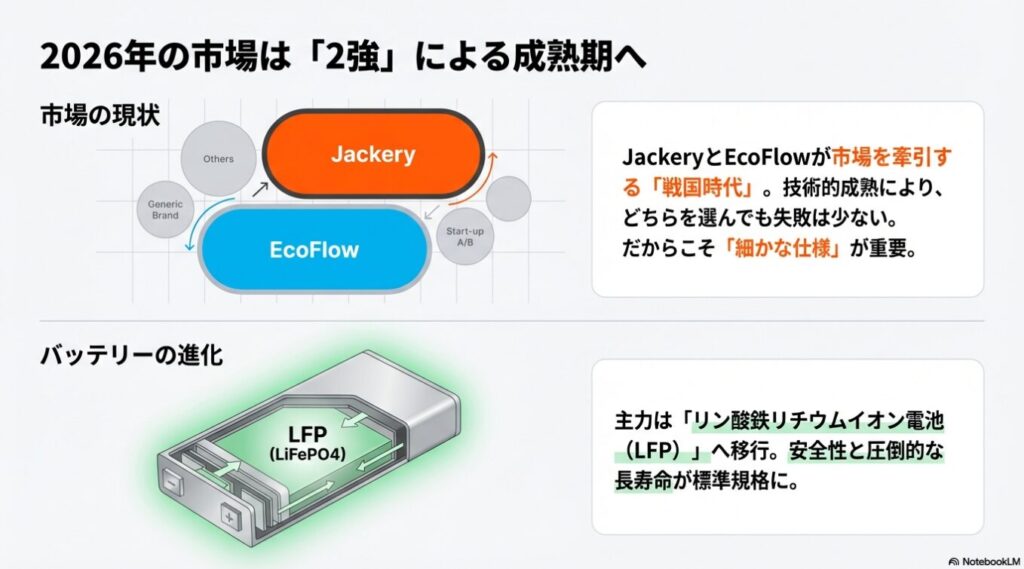 JackeryとEcoFlowが市場を牽引する2強時代であることと、リン酸鉄リチウムイオン電池（LFP）が標準規格になったことを示す図解。