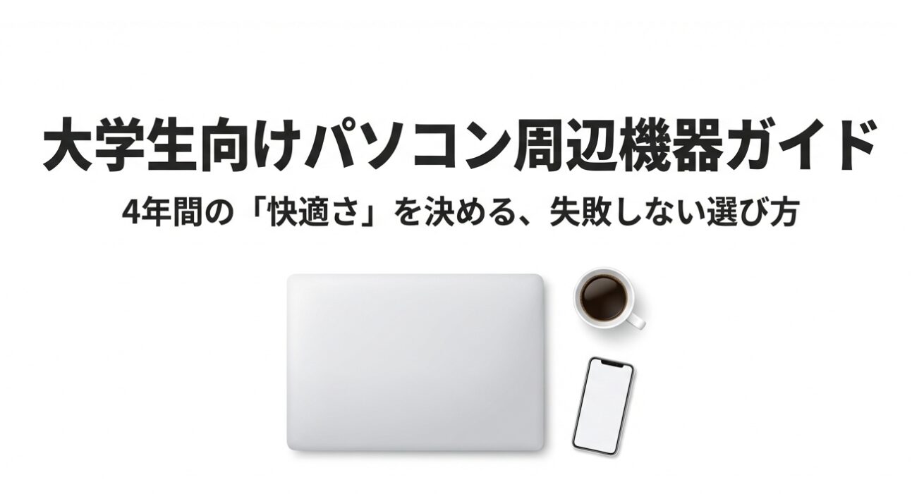 白いノートパソコンとコーヒー、スマートフォンが置かれたデスクの俯瞰写真。大学生向けパソコン周辺機器ガイドの表紙。