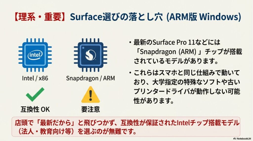Intel(x86)は互換性OK、Snapdragon(ARM)は要注意とするチップ比較図