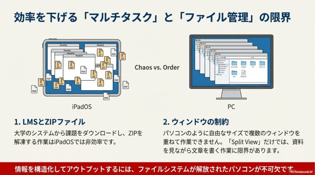 カオスなiPadのファイル管理と構造化されたPCの管理画面の比較図