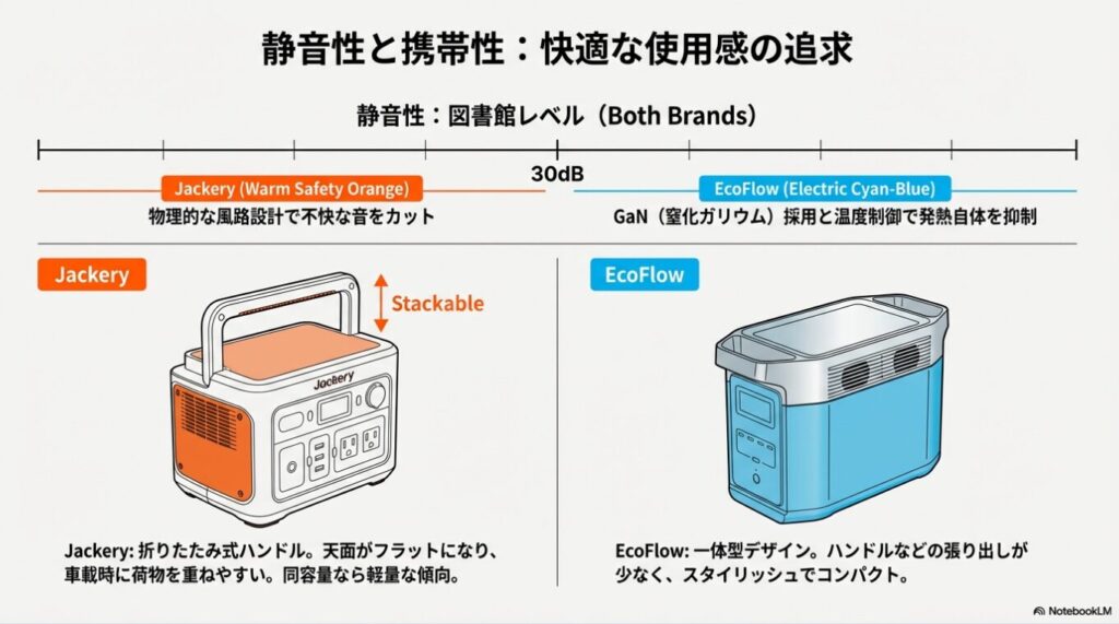 Jackeryの折りたたみハンドルとEcoFlowの一体型デザイン、および30dBの静音性を実現する冷却技術の比較。