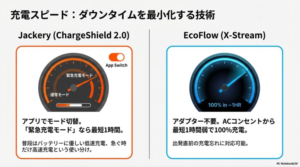 Jackeryの緊急充電モードとEcoFlowのX-Streamによる、最短1時間フル充電を比較するスピードメーターの図解。