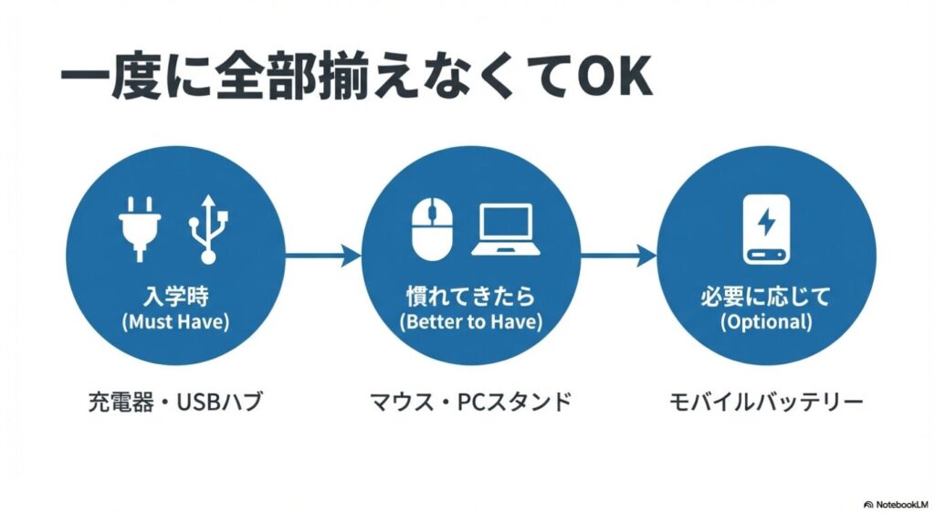 入学時の必須アイテム（充電器・ハブ）、慣れてからのアイテム（マウス・スタンド）、必要に応じたアイテム（モバイルバッテリー）の3ステップ。