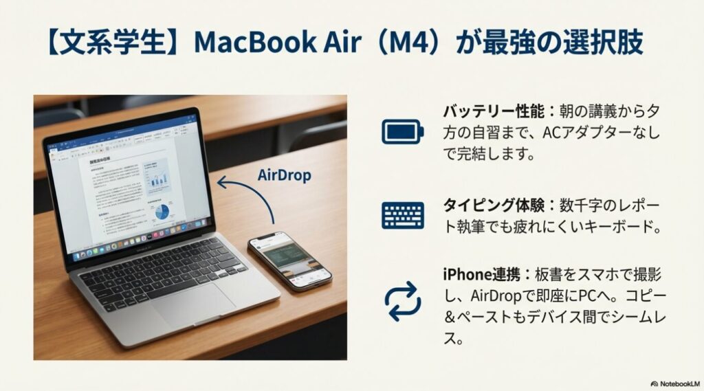 タイピング、バッテリー、AirDrop連携を強調したMacBook Airの利用イメージ