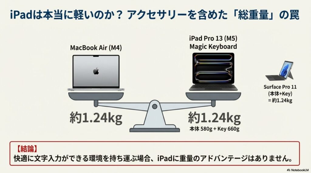 MacBook Air、iPad Pro、Surface Proがいずれも約1.24kgで並ぶ天秤の図