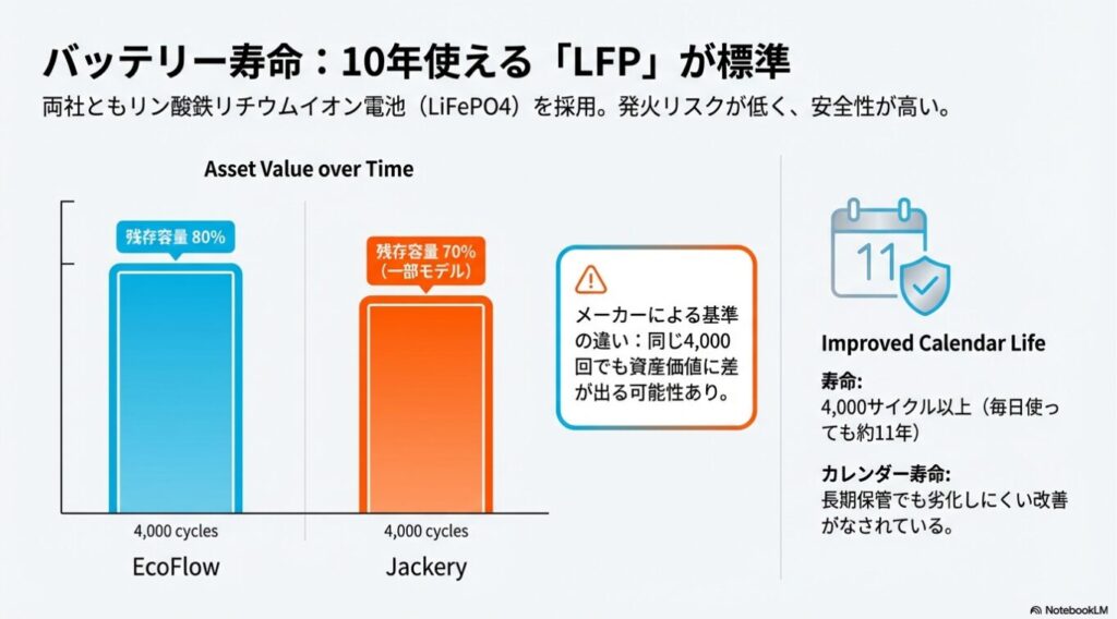 4,000サイクル後の残存容量がEcoFlow（80%）とJackery（70%一部モデル）で異なることを示す比較グラフ。