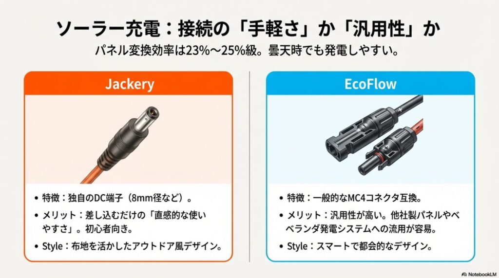 Jackeryの独自のDC端子（簡単接続）とEcoFlowのMC4コネクタ（汎用性重視）の違いを説明する比較画像。