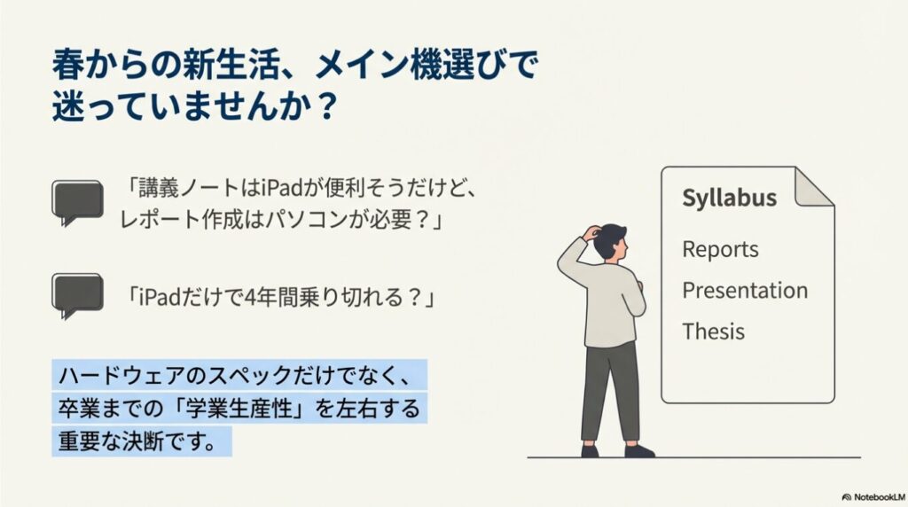「講義ノートはiPad、レポートはPC？」と迷う大学生のイメージ