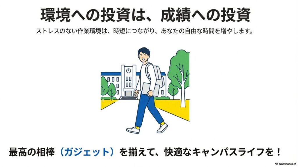 大学の校舎を背景に、ノートパソコンを抱えて笑顔で歩く大学生のイラスト。