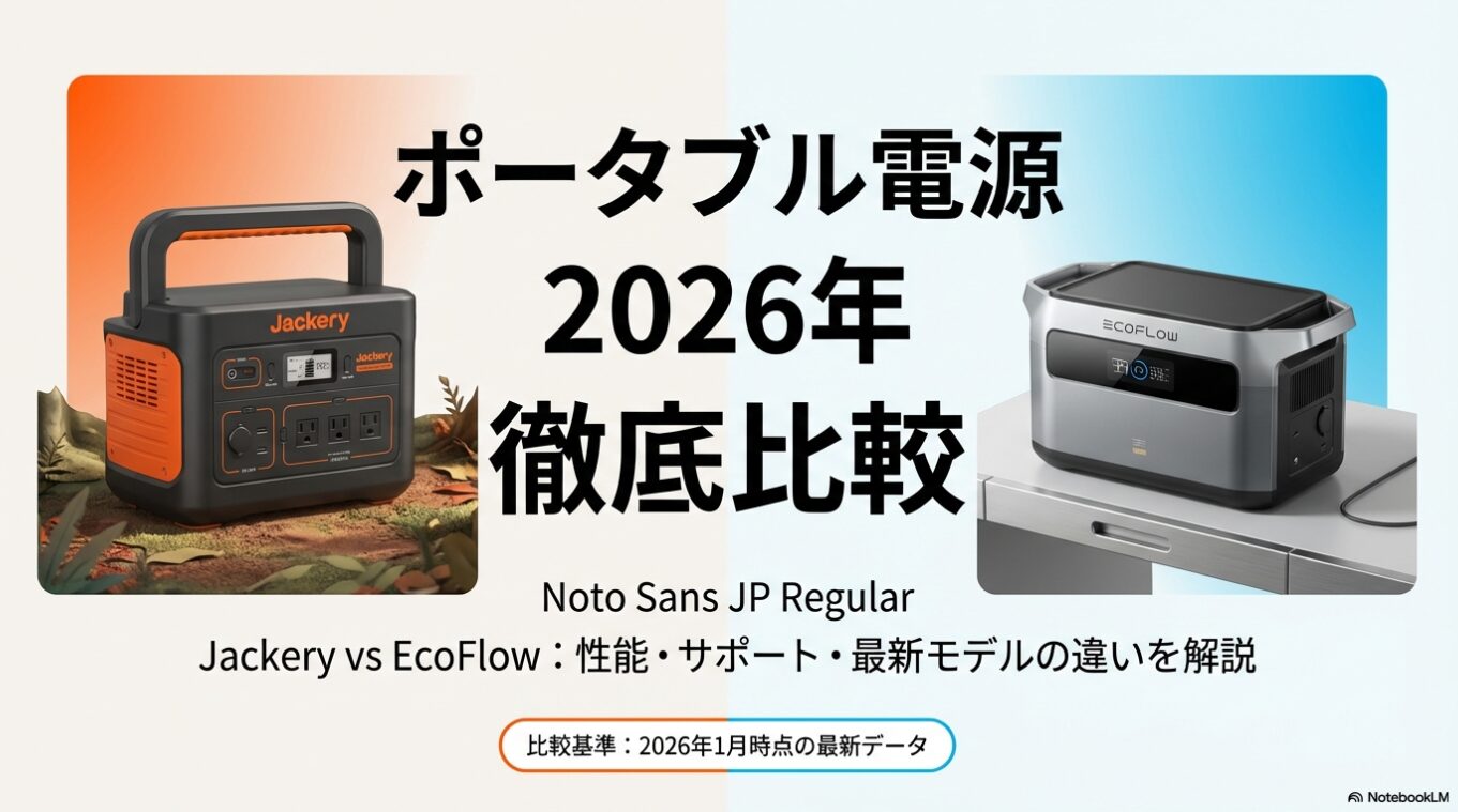 JackeryとEcoFlowのポータブル電源を性能・サポート・最新モデルで徹底比較する2026年版スライドの表紙画像。
