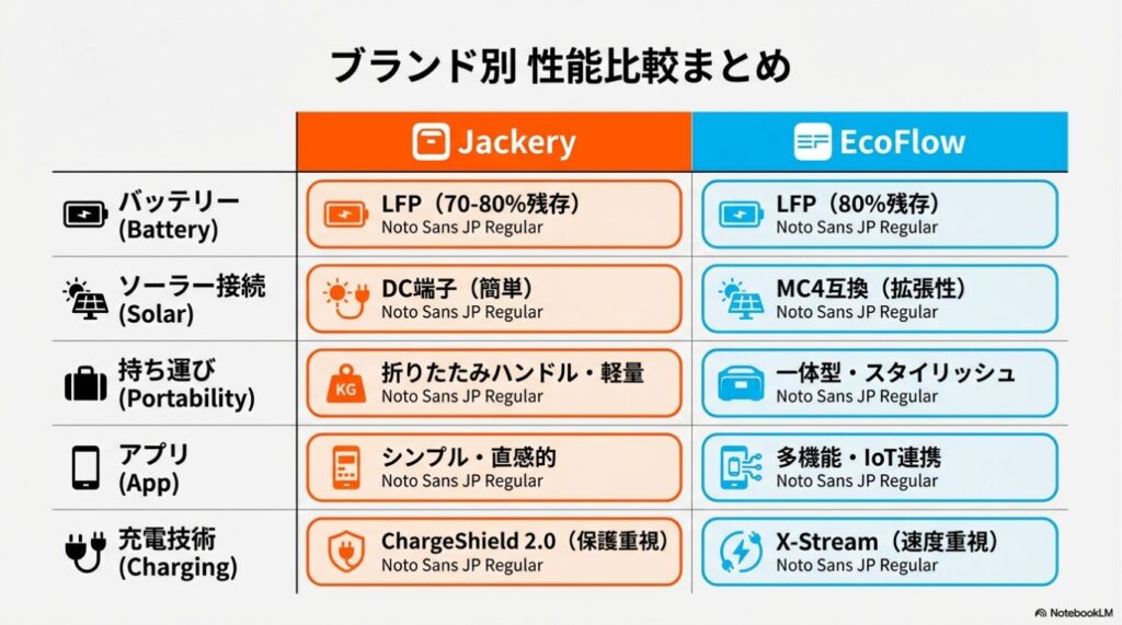 バッテリー、ソーラー接続、携帯性、アプリ、充電技術の5項目を比較したブランド別まとめ表。