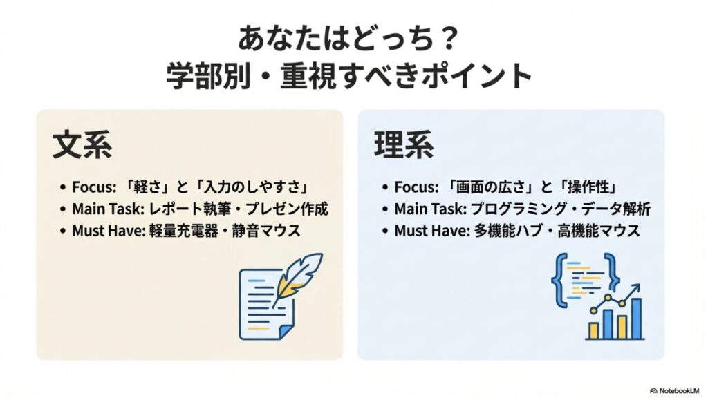 文系はレポート執筆重視で軽さと静音マウス、理系はプログラミング重視で画面の広さと多機能マウス・ハブを推奨する学部別ガイド。