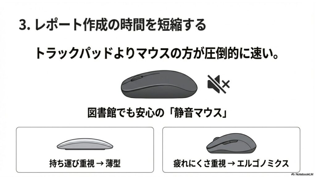 図書館でも安心な静音マウスのイラスト。持ち運び重視の薄型と、疲れにくさ重視のエルゴノミクス型の紹介。
