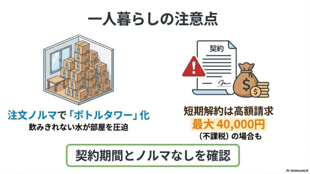 飲みきれない水が溜まるボトルタワー問題と、高額な解約金のリスクについての注意喚起