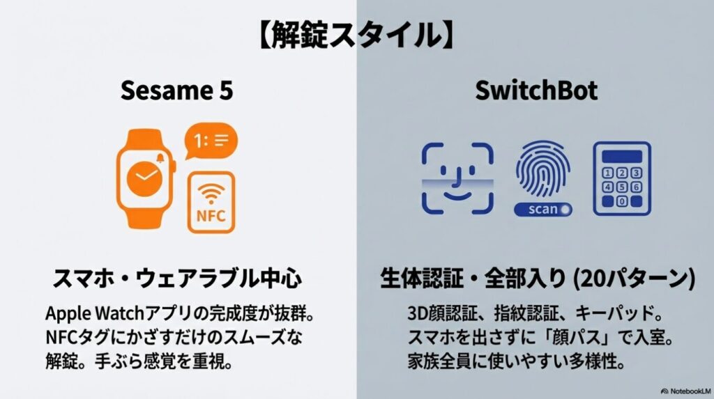 セサミのウェアラブル・NFC解錠と、SwitchBotの顔認証・指紋認証を含む多機能な解錠スタイルの比較。