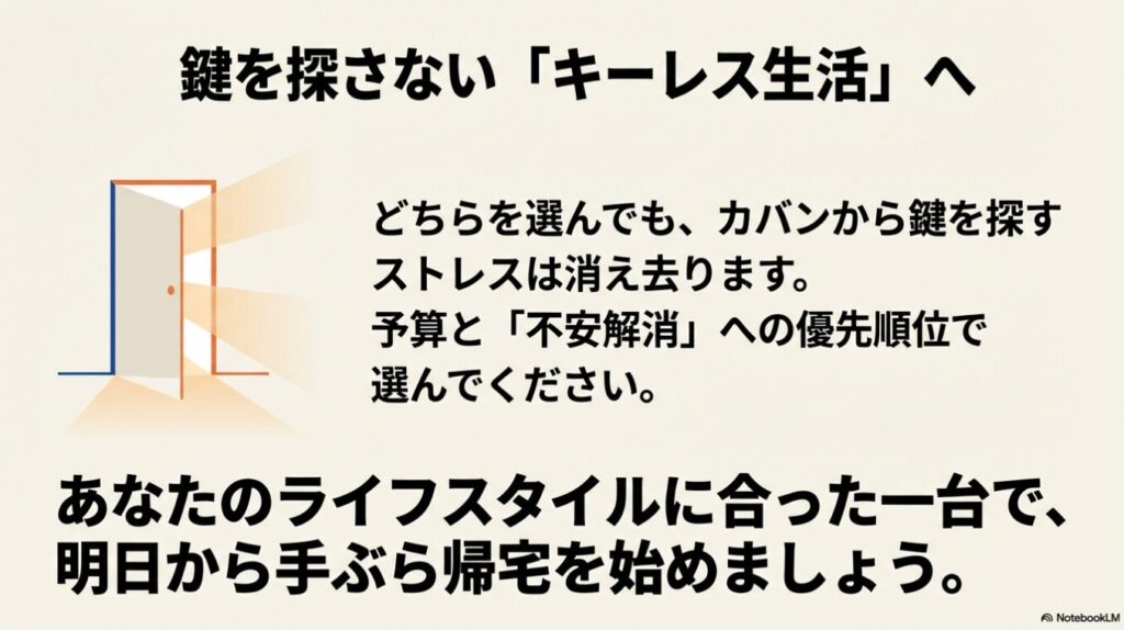 コスパ重視のセサミ5と、安心・多機能重視のSwitchBotロックUltra、それぞれの推奨ユーザーをまとめた図。