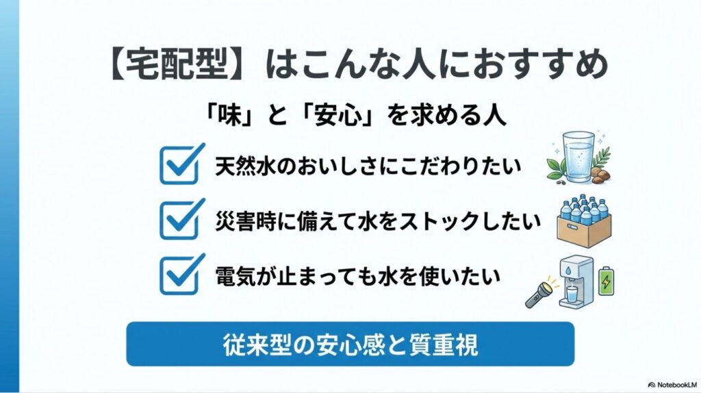 宅配型・浄水型・直結型それぞれがどのようなニーズの人に向いているかのまとめ
