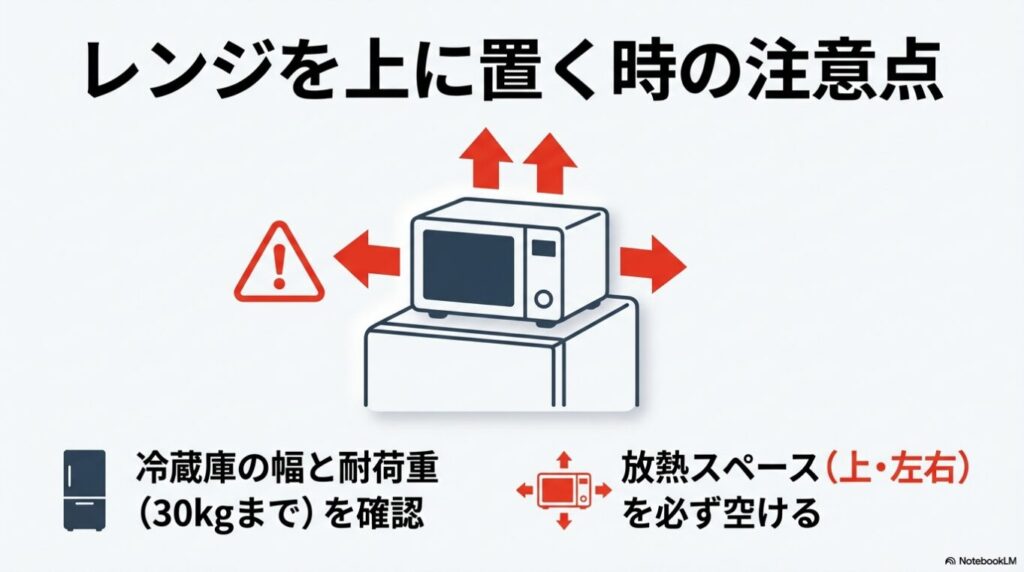 冷蔵庫の上にレンジを置く際、耐荷重30kgの確認と、上・左右の放熱スペース確保が必要であることを示す注意図。