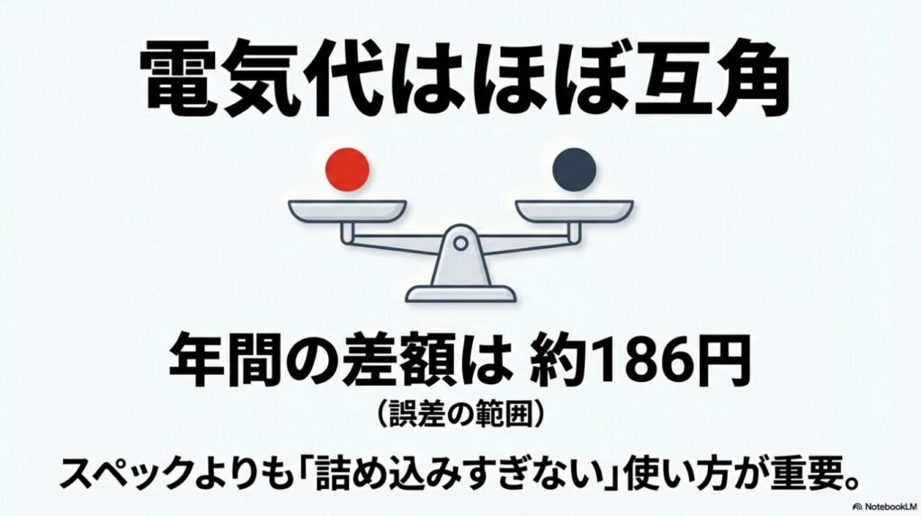 両メーカーの電気代がほぼ互角であり、年間の差額が約186円であることを示す天秤のイラスト。