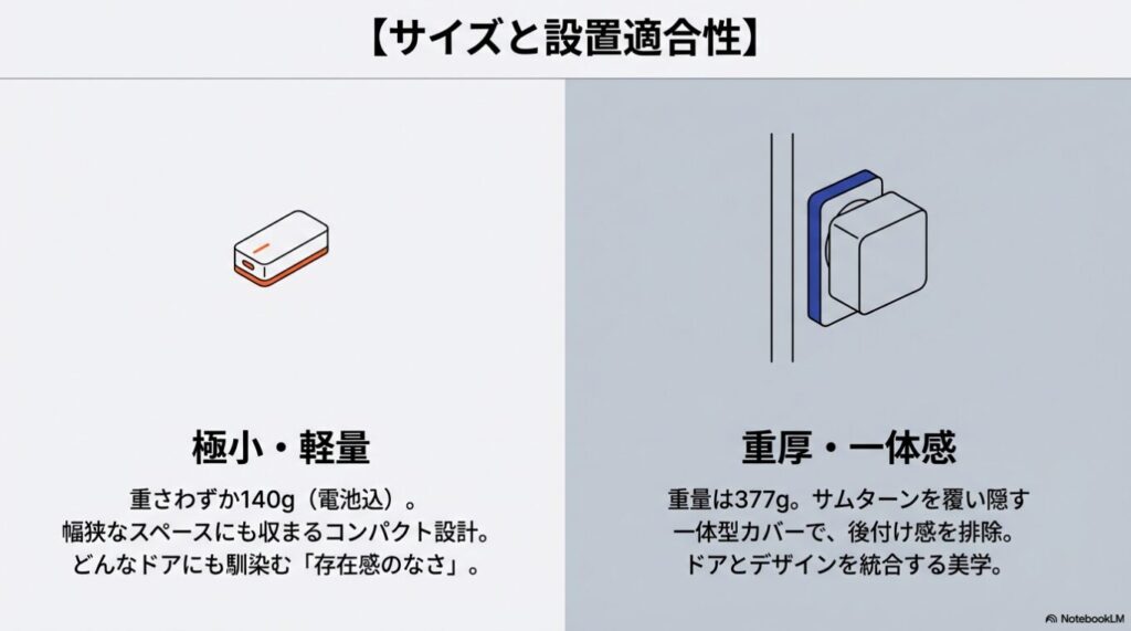 セサミ5の極小軽量設計（140g）と、SwitchBotロックUltraの重厚な一体型デザイン（377g）を比較した図解。