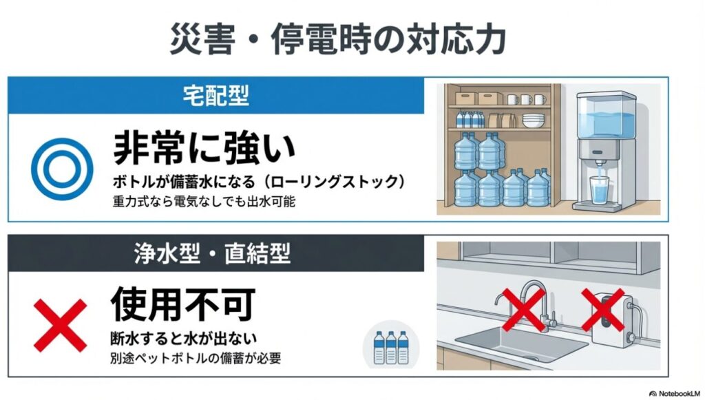 宅配型が備蓄水として強い理由と、断水時に浄水型・直結型が使えないリスクの比較