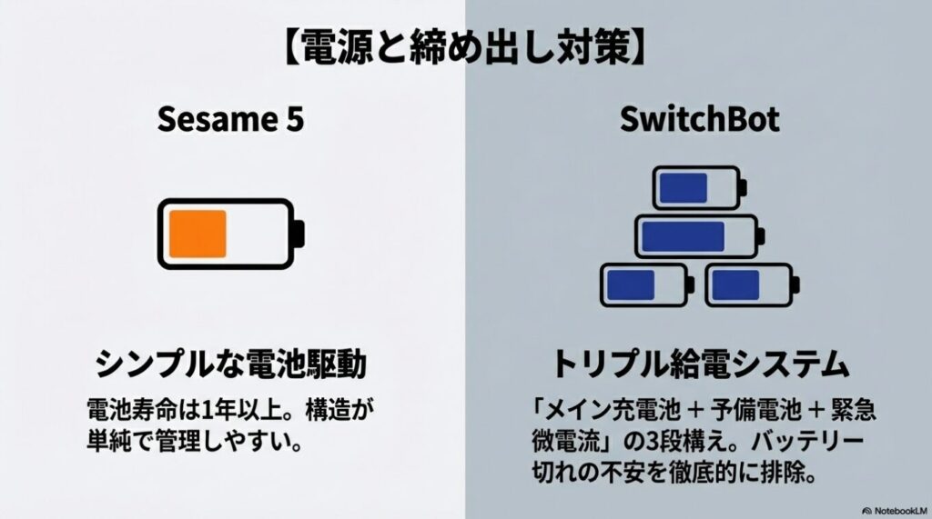 セサミのシンプルな電池駆動と、SwitchBotのトリプル給電（メイン＋予備＋緊急）システムの違い。