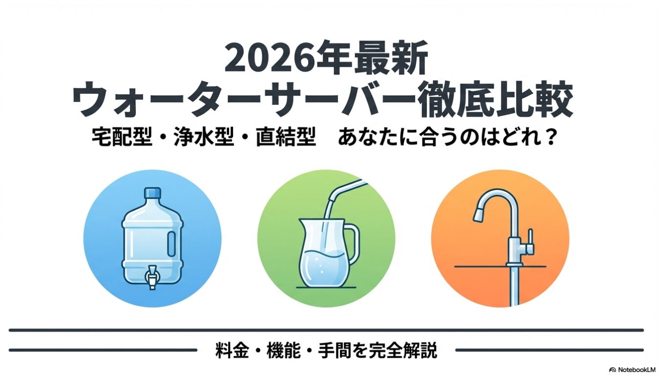 宅配型・浄水型・直結型の3種類のウォーターサーバーを徹底比較する2026年最新版の解説スライド