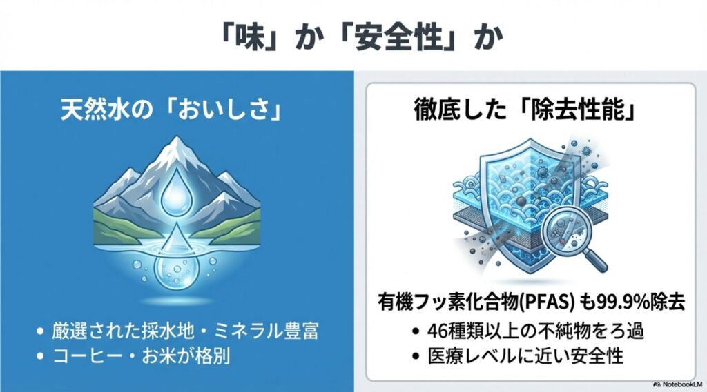 天然水の美味しさと、最新の浄水フィルターによるPFAS（有機フッ素化合物）除去性能の比較解説