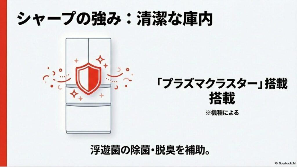 シャープの冷蔵庫に搭載されたプラズマクラスターが浮遊菌の除菌や脱臭を補助するイメージ図。