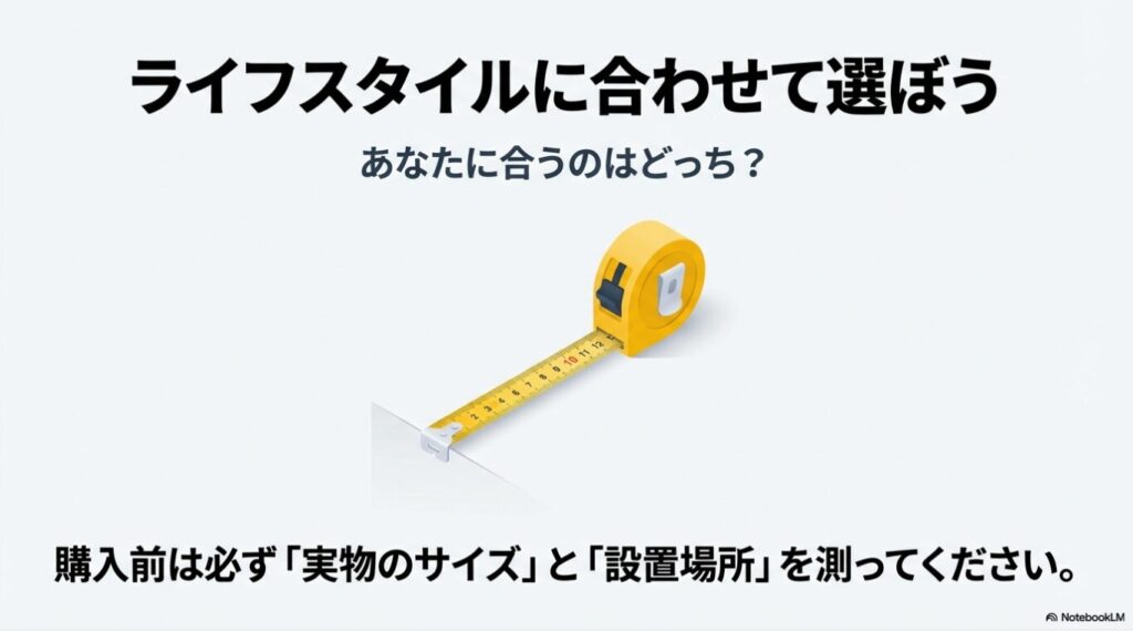 ライフスタイルに合わせて選ぶことの大切さと、購入前に実物のサイズと設置場所を測ることを促すメジャーのイラスト。