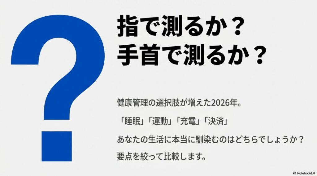 睡眠計測にはリングが優秀。指の皮膚が薄く正確なデータが取れることや、寝返りでもズレにくいメリットを解説した比較スライド。