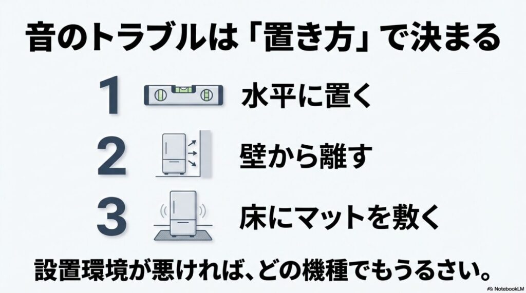冷蔵庫を水平に置く、壁から離す、床にマットを敷くという、騒音対策に重要な3つの設置方法の図解。