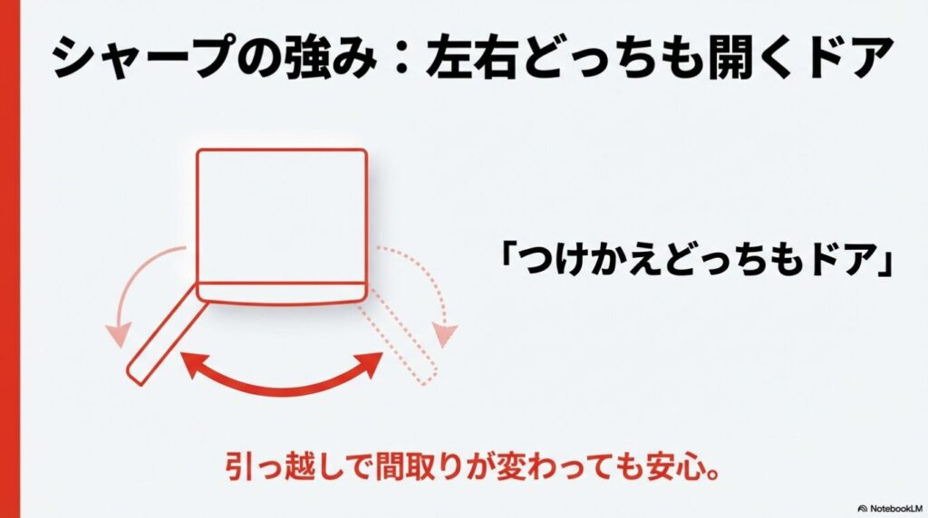 シャープの冷蔵庫のドアが左右どちらにも付け替え可能であることを示すイラスト。引越し時の間取り変更にも対応。