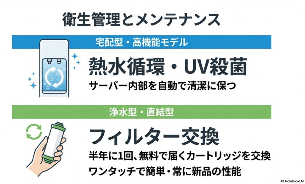 宅配型の熱水循環システムと、浄水型のフィルター交換による衛生維持の違い